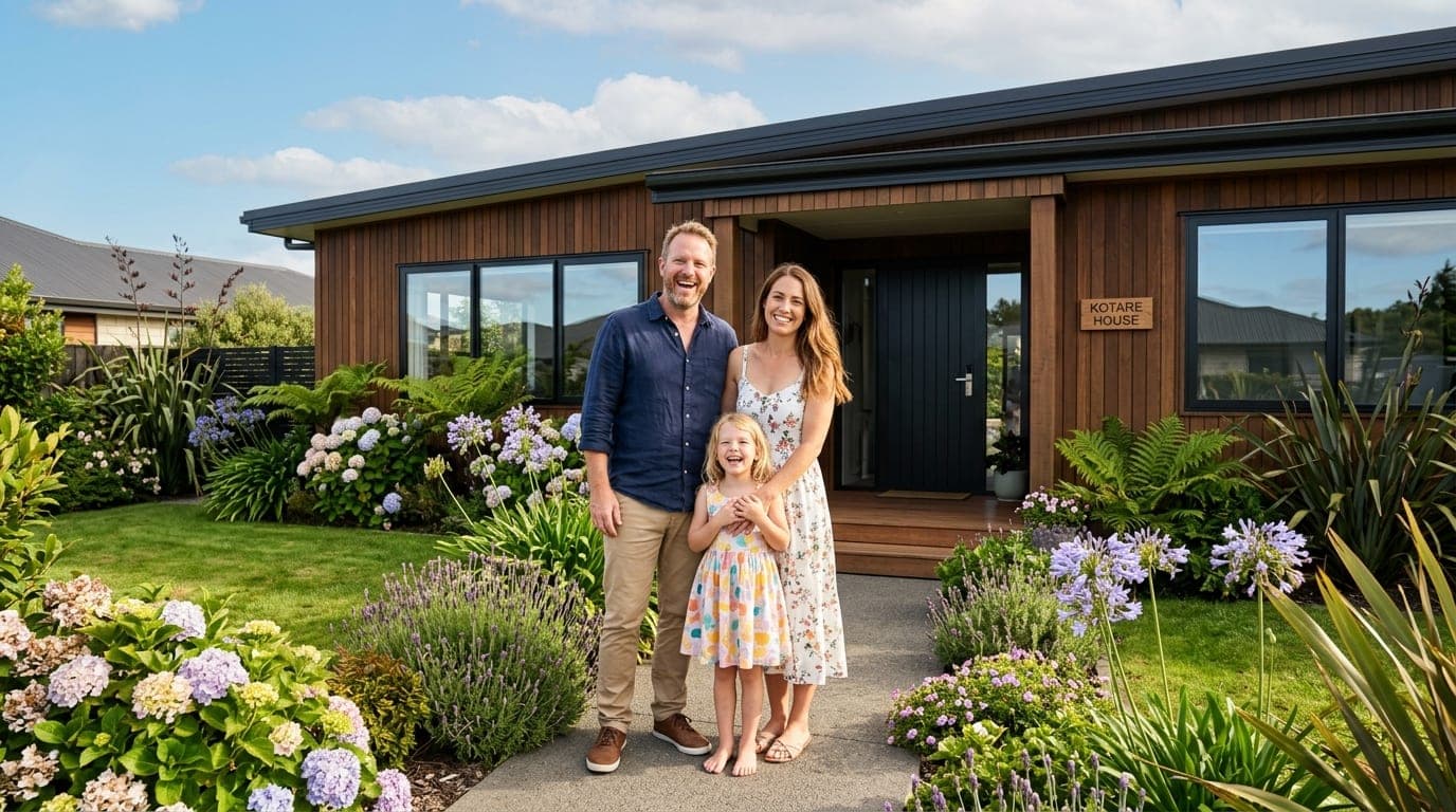Happy family standing outside in front of their residential home in New Zealand